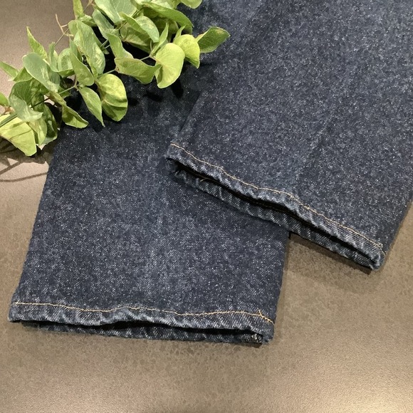 Vintage Lee Dark Rinsed Stone Wash Jeans Yellow Stitching Pleated Legs USA - Picture 9 of 16